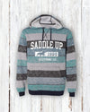 Vintage Saddle Up Striped Fleece Hoodie – Unisex Horse Rider Sweatshirt with Zipper Pocket
